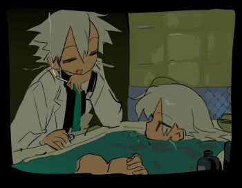 Rule 34 | 1boy, 1girl, bath, bathing, bathroom, bathtub, black shirt, brother and sister, cigarette, closed eyes, coat, commentary request, green necktie, holding, holding cigarette, knees up, lab coat, long sleeves, looking at another, mk1liaoqian, necktie, open clothes, open mouth, original, partially submerged, red eyes, shirt, short hair, siblings, smile, smoke, smoking, tile wall, tiles, water, white hair