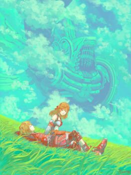 1boy 1girl algro778 blonde_hair blue_sky closed_eyes commentary english_commentary fiora_(xenoblade) highres long_hair looking_at_another lying mechonis on_back on_grass outdoors shulk_(xenoblade) sky xenoblade_chronicles_(series) xenoblade_chronicles_1