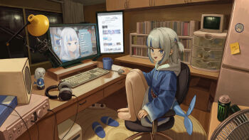 1girl absurdres an_yb animal_hood bare_legs barefoot blue_eyes blue_hair blue_hoodie blunt_bangs bookshelf box cable can cardboard_box chair commentary computer_keyboard computer_mouse cpu crt cup curtains desk drawstring drink_can electric_fan feet fins fish_tail flat_chest gawr_gura gawr_gura_(1st_costume) hair_ornament headphones highres hololive hololive_english hood hood_down hoodie indoors knees_to_chest livestream long_sleeves medium_hair microphone monitor mug multicolored_hair nendoroid no_pants refrigerator shark_girl shark_hair_ornament shark_hood shark_tail sharp_teeth sidelocks sitting slippers smile solo speaker sticky_note streaked_hair studio_microphone swivel_chair tail teeth toes two_side_up unworn_headphones unworn_slippers virtual_youtuber white_hair window wire youtube