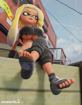 1girl 3d agent_3_(splatoon_3) antisplat asymmetrical_hair black_bandages blonde_hair braid commentary english_commentary eyebrow_cut feet highres inkling long_hair nintendo pointy_ears single_braid solo splatoon_(series) splatoon_3 tentacle_hair toeless_legwear toes torn_clothes