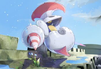 Rule 34 | armor, blue flower, bug, castle, colored sclera, escavalier, fangs, flower, gen 5 pokemon, helmet, highres, lance, looking at viewer, nintendo, no humans, plume, pokemon, pokemon (creature), pokemon focus, polearm, puddle, qua, red eyes, water, water drop, weapon, wet, yellow sclera