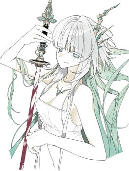 1girl blood bloody_weapon colored_eyelashes dmdrk_(ha_ha) green_eyes green_hair heterochromia highres holding holding_sword holding_weapon horns long_hair looking_at_viewer original ringed_eyes simple_background solo sword upper_body very_long_hair weapon white_background white_hair
