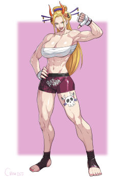 1girl 2023 abs absurdres artist_name black_maria_(one_piece) breasts character_name cirenk cleavage commentary commentary_request commission earrings english_commentary fingerless_gloves gloves hand_on_own_shoulder highres horns jewelry leg_tattoo one_piece pearl_earrings solo tattoo toes tongue tongue_out