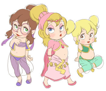 3girls alvin_and_the_chipmunks animal arm_support armlet arms_behind_back blonde_hair blue_eyes blush bracelet brittany_miller brown_eyes brown_hair chipmunk chipmunk_girl dancer earrings eleanor_miller eyeshadow flat_chest furry gem glasses green_eyes green_pants green_vest hair_bun hair_ribbon hand_on_own_chest harem_outfit harem_pants hoop_earrings jeanette_miller jewelry loli long_hair looking_at_viewer makeup midriff multiple_girls navel necklace open_mouth pants pearl_necklace pink_eyeshadow pink_gemstone pink_shirt pink_shoes pink_skirt pointed_footwear ponytail purple_pants purple_ribbon purple_shirt purple_shoes purple_vest red_lips ribbon shirt shoes short_sleeves siblings sidelocks sisters sitting skirt smile squirrel standing strapless tiara tube_top twintails vest white_background yamanokonza yellow_shoes