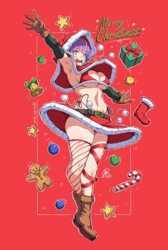 1girl armpits blue_eyes blush boots bra breasts candy candy_cane christmas_ornaments christmas_stocking food gift gingerbread_man gloves jk_arts large_breasts looking_at_viewer merry_christmas midriff original panty_straps purple_hair skirt thighs underboob underwear