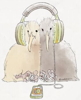 animal_focus bird cellphone commentary food fruit highres kiwi_(bird) kiwi_(fruit) no_humans original phone riseidokokana shared_headphones sitting smartphone squishing symbol-only_commentary twitter_username white_background