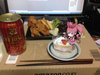 Rule 34 | 10s, 1girl, alcohol, amazon (company), beer, beer can, blue eyes, bow, box, cake, can, cardboard box, chibi, chicken (food), chopsticks, computer, cream, cure melody, dell, drink can, female focus, food, fork, french fries, fried chicken, fruit, hair bow, houjou hibiki, kuroboshi kouhaku, long hair, photo background, pink hair, precure, solo, strawberry, strawberry shortcake, suite precure, twintails, vegetable, whipped cream, yebisu