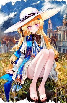 1girl a1u absurdres blonde_hair blush closed_mouth commentary dress feet full_body hair_ornament hat highres knees_up long_hair looking_at_viewer nail_polish no_shoes orange_nails outdoors pantyhose phoebe_(wuthering_waves) purple_eyes sitting smile solo stirrup_legwear toeless_legwear toenail_polish toenails toes very_long_hair white_dress white_hat white_pantyhose wuthering_waves