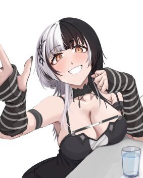 1girl absurdres arm_strap arm_warmers black_arm_warmers black_choker black_dress black_hair black_nails breasts choker cleavage commentary cup dress drinking_glass english_commentary grin highres hololive hololive_english large_breasts light_blush long_hair looking_at_viewer mmneko multicolored_hair shiori_novella shiori_novella_(1st_costume) simple_background smile solo split-color_hair table teeth two-tone_hair virtual_youtuber water white_background yellow_eyes
