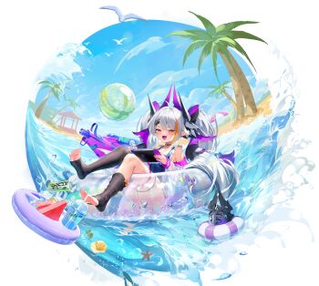 Rule 34 | 1girl, absurdres, artist request, ball, beach, beachball, bird, black choker, black one-piece swimsuit, black socks, bow, can, character request, choker, cloud, daiblos core, food, fruit, handheld game console, highres, holding, holding handheld game console, horns, mechanical horns, multicolored hair, o-ring, o-ring choker, ocean, official art, one-piece swimsuit, open mouth, orange bow, orange eyes, orange hair, palm tree, school swimsuit, sky, socks, solo, streaked hair, swim ring, swimsuit, toeless legwear, tree, water gun, watermelon, watermelon slice, white hair