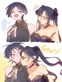 1boy 1girl anger_vein aqua_eyes arm_at_side armor bare_shoulders black_bodysuit black_bow black_bridal_gauntlets black_choker blunt_bangs blunt_ends bodysuit bow breasts bridal_gauntlets choker chopsticks cleavage closed_eyes closed_mouth collarbone commentary covered_collarbone earrings eating english_commentary eyelashes eyeliner eyeshadow facing_another feeding food fork genshin_impact gold_ring gold_trim hair_between_eyes hair_bow hand_up hetero highres holding holding_chopsticks holding_fork japanese_armor jewelry kote kurokote large_breasts leotard long_hair looking_at_another makeup mandarin_collar middle_ring mona_(genshin_impact) nxomii_herx omelet one_eye_closed open_mouth parted_bangs purple_eyes purple_leotard red_eyeliner red_eyeshadow sanpaku scaramouche_(genshin_impact) sequential sidelocks smile sound_effects star_(symbol) star_choker star_earrings strapless strapless_leotard tamagoyaki teeth tsurime twintails upper_teeth_only wanderer_(genshin_impact) white_background wispy_bangs