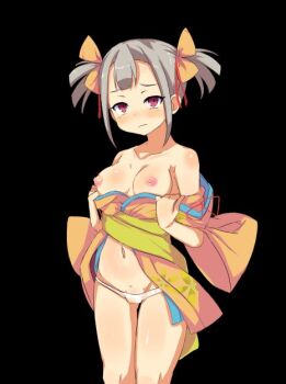 1girl anime_coloring bare_shoulders black_background blush bow breasts closed_mouth collarbone cowboy_shot detached_sleeves embarrassed game_cg grey_hair hair_between_eyes hair_bow japanese_clothes kimono looking_at_viewer medium_breasts mizuha_(toraware_no_kami-sama) navel nipples no_pants obi open_clothes open_kimono opened_by_self panties red_eyes sash short_hair short_kimono simple_background sleeveless sleeveless_kimono solo standing tachi-e tachinori_buranko thighs toraware_no_kami-sama_to_tabi_no_shoujo twintails underwear variant_set wavy_mouth white_panties wide_sleeves yellow_bow yellow_kimono yellow_sash