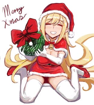bell belt belt_buckle black_belt blonde_hair blush breasts buckle capelet closed_eyes commentary donut dress elbow_gloves eyeliner floral_bow food from_above full_body fur-trimmed_capelet fur-trimmed_dress fur-trimmed_headwear fur_trim gift gloves grin hair_between_eyes hands_up hat high_heels holding holding_gift kiss-shot_acerola-orion_heart-under-blade large_breasts lips long_hair makeup mature_female merry_christmas microsoft_paint_(medium) monogatari_(series) neck_bell oshino_shinobu pointy_ears red_capelet red_eyeliner red_shoes ricman_rt santa_costume santa_dress santa_hat shoes sidelocks simple_background sitting smile spread_legs strapless strapless_dress symbol-only_commentary thighhighs two-handed very_long_hair wariza white_background white_gloves white_thighhighs wrapped