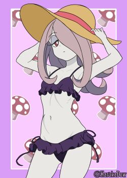 1girl absurdres bikini breasts frilled_bikini frills hair_over_one_eye hands_on_headwear harukadew hat highres large_hat little_witch_academia long_hair mushroom navel one_eye_covered pale_skin purple_bikini red_eyes simple_background small_breasts solo sucy_manbavaran sun_hat swimsuit twitter_username