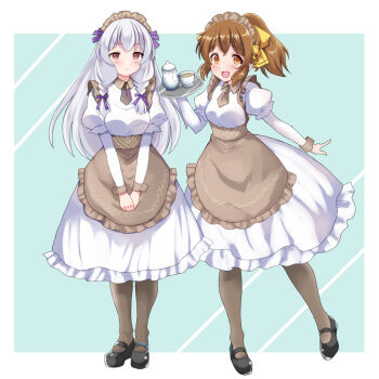 2girls :d alternate_costume blush border braid breasts brown_eyes brown_hair commentary_request cosplay cup delthea_(fire_emblem) dress fang fire_emblem fire_emblem:_three_houses fire_emblem_echoes:_shadows_of_valentia fire_emblem_heroes high_ponytail holding holding_plate long_hair looking_at_viewer lysithea_von_ordelia lysithea_von_ordelia_(cosplay) lysithea_von_ordelia_(tea_party) medium_breasts miyako_(mongcocoa) multiple_girls nintendo official_alternate_costume official_alternate_hairstyle open_mouth outside_border pantyhose plate ponytail puffy_short_sleeves puffy_sleeves red_eyes short_sleeves smile teacup twin_braids white_border white_dress white_hair
