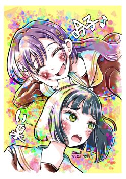 Rule 34 | 2girls, :d, ^ ^, absurdres, black hair, blunt bangs, blunt ends, blush, bob cut, border, brown dress, closed eyes, colorful, commentary request, dated, dress, hair ornament, hand on own cheek, hand on own face, hasu no sora school uniform, highres, jellyfish cut, katsuragi izumi, link! like! love live!, long hair, long sleeves, love live!, momose ginko, multiple girls, neckerchief, open mouth, outside border, purple hair, raised inner eyebrows, round teeth, sailor collar, sailor dress, school uniform, short hair, smile, tantan (tan barin ), teeth, translation request, triangle hair ornament, upper teeth only, virtual youtuber, white border, white sailor collar, winter uniform, yellow background, yellow neckerchief