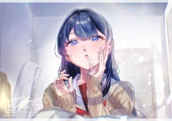 Rule 34 | 2girls, :o, blue eyes, blue hair, blush, brown cardigan, brown dress, cardigan, commentary, dress, female pov, hasu no sora school uniform, highres, indoors, kuzia (atarayo), link! like! love live!, long hair, long sleeves, looking at viewer, love live!, multiple girls, murano sayaka, neckerchief, open cardigan, open clothes, open mouth, pov, pov hair, red neckerchief, sailor collar, sailor dress, school uniform, signature, sleeves past wrists, solo focus, teeth, twitter username, upper teeth only, virtual youtuber, waking another, watermark, white sailor collar, winter uniform, yugiri tsuzuri