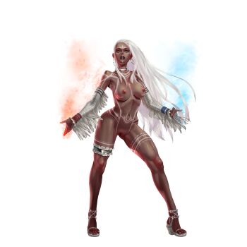 1girl animal_print artist_request bra breasts collar cryokinesis crystal_maiden_(series) dark_skin earrings facial_tattoo fire full-body_tattoo full_body game_cg groin high_heel_sandals highres jewelry kohani_(crystal_maidens) leg_tattoo leopard_print leopard_print_bra long_hair nipples nude official_art print_bra pussy pyrokinesis sandals solo tattoo transparent_background underwear variant_set white_hair yellow_eyes