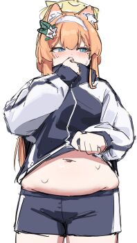 1girl animal_ear_fluff animal_ears belly blue_archive blue_eyes blue_shorts blush clothes_lift covering_own_mouth embarrassed flower gym_shorts gym_uniform hair_flower hair_ornament hairband halo jacket jacket_lift lifting_own_clothes long_hair mari_(blue_archive) mari_(track)_(blue_archive) navel nikuniku315 orange_hiar plump short_shorts shorts solo standing sweat track_jacket white_background white_hairband