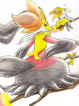 animal_ear_fluff animal_ears black_fur braixen broom broom_riding closed_eyes closed_mouth delphox evolutionary_line fennekin fire fox fox_ears furry gen_6_pokemon highres ibutsu mega_delphox mega_pokemon multicolored_fur nintendo open_mouth pokemon pokemon_(creature) pokemon_focus red_eyes red_fur smile snout white_fur yellow_fur