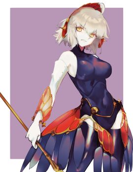 Rule 34 | 1girl, ahoge, angry, bare shoulders, black leotard, bodysuit, border, braid, breasts, clenched teeth, commentary, cosplay, crossover, fate/grand order, fate (series), grey hair, hair between eyes, headphones, highres, holding, holding weapon, jeanne d'arc alter (fate), leotard, medium breasts, megami tensei, metis (persona), metis (persona) (cosplay), minako larima, persona, persona 3, short hair, teeth, trait connection, weapon, white border, white leotard, yellow eyes