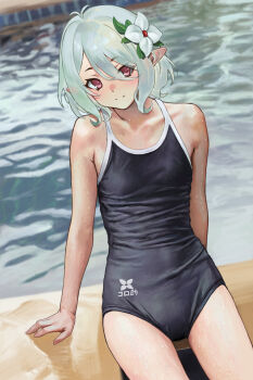 Rule 34 | 1girl, antenna hair, aqua hair, blue one-piece swimsuit, closed mouth, collarbone, commentary request, competition school swimsuit, competition swimsuit, elf, flower, hair between eyes, hair flower, hair ornament, highres, kokkoro (princess connect!), looking at viewer, niud, one-piece swimsuit, pointy ears, princess connect!, red eyes, school swimsuit, short hair, sitting, solo, swimsuit, water