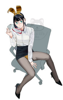 1girl absurdres alternate_costume animal_ear_hairband animal_ears black_hair black_pantyhose black_shoes black_skirt breasts chair collared_shirt dress_shirt fake_animal_ears full_body glasses gold_leotard green_eyes hairband high_heels highres id_card kantai_collection lanyard leotard leotard_under_clothes long_hair office_chair ojipon ooyodo_(kancolle) pantyhose pencil_skirt playboy_bunny rabbit_ears see-through_strap shirt shoes sitting skirt small_breasts solo strapless strapless_leotard swivel_chair watermark white_shirt