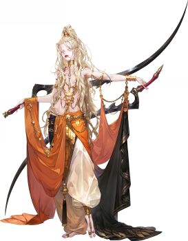 1girl absurdres anklet barefoot black_sash blonde_hair bracelet breasts cleavage eyebrow_piercing face_piercing harem_pants highres holding holding_weapon jewelry lip_piercing long_hair looking_at_viewer lukamar_(sword_of_convallaria) non-web_source official_art orange_sash pale_skin pants piercing sash small_breasts solo sword_of_convallaria tassel toe_ring topknot transparent_background very_long_hair weapon white_pants yellow_eyes