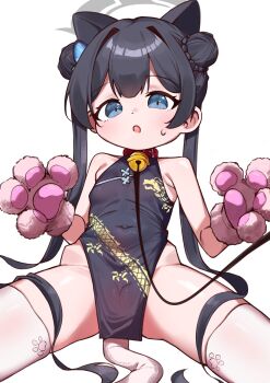 1girl animal_collar animal_ears bell black_hair blue_archive blue_eyes breasts butterfly_hair_ornament cat_ears cat_paws china_dress chinese_clothes collar dress fake_animal_ears grey_halo hair_ornament halo highres jingle_bell kisaki_(blue_archive) leash led_winter loli navel pink_thighhighs small_breasts solo sweat thighhighs white_background