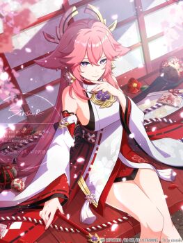 1girl animal_ears bare_shoulders breasts commentary_request detached_sleeves fox_ears fox_girl genshin_impact highres japanese_clothes large_breasts long_hair long_sleeves looking_at_viewer pink_hair purple_eyes smile solo watawata_nr_(siroraku) watermark yae_miko