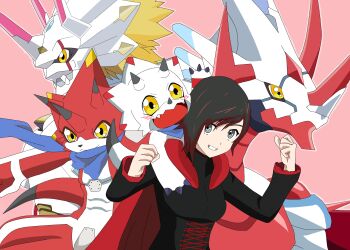 betelgammamon canoweissmon digimon dinosaur_boy dragon dragon_boy gammamon happy highres looking_at_viewer ruby_rose rwby siriusmon smile triceratops