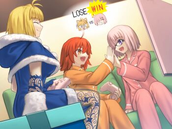 3girls ahoge alternate_costume antenna_hair arcueid_brunestud black-framed_eyewear blonde_hair blue_capelet blue_dress blue_gloves box buttons capelet closed_mouth commentary_request commission controller couch dress fate/grand_order fate_(series) fujimaru_ritsuka_(female) game_controller gift gift_box glasses gloves hair_over_one_eye high_five holding holding_controller holding_game_controller hood hood_down hooded_capelet indoors long_sleeves looking_at_another mash_kyrielight melty_blood melty_blood:_type_lumina multiple_girls neco-arc one_eye_covered open_mouth orange_eyes orange_hair orange_pajamas pajamas phantas-moon phantas-moon_(third_ascension) pink_hair pink_pajamas pixiv_commission profile shoori_(migiha) short_hair sitting smile takeuchi_takashi_(style) tsukihime tsukihime_(remake)