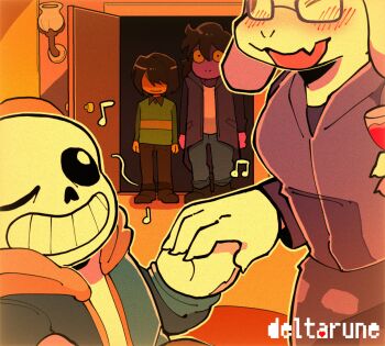 1boy 1other 2girls black-framed_eyewear brown_pants brown_shoes closed_eyes colored_sclera copyright_name cup deltarune drinking_glass fang furry furry_female glasses green_sweater highres holding holding_cup indoors kris_(deltarune) long_sleeves looking_at_another multiple_girls one_eye_closed open_mouth pants rectangular_eyewear sans_(undertale) shio_tou shoes short_hair skin_fang smile susie_(deltarune) sweater toriel undertale utdr_(toby_fox) wine_glass yellow_sclera