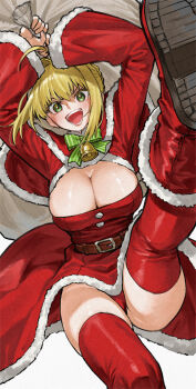 1girl ahoge bell belt blonde_hair blush boots bow bowtie braid breasts capelet cleavage commentary dress fate/extra fate_(series) fur-trimmed_capelet fur-trimmed_dress fur-trimmed_headwear fur_trim green_eyes hair_intakes hat highres jingle_bell kamisato_sora large_breasts long_hair long_sleeves looking_at_viewer nero_claudius_(fate) open_mouth red_boots red_capelet red_dress red_hat red_shrug sack santa_costume santa_dress santa_hat shrug_(clothing) smile solo thigh_boots
