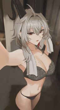 1girl absurdres after_bathing ahoge bare_shoulders black_bra black_horns black_panties bra collarbone commentary_request curled_horns grey_hair hair_between_eyes haruhachiya highres horns indoors long_hair looking_at_viewer mole mole_under_eye navel panties parted_lips red_eyes sidelocks solo stomach towel towel_around_neck underwear underwear_only wet wiping wuthering_waves zani_(wuthering_waves)