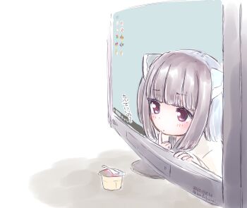 1girl black_hair blush commentary_request dated finger_to_mouth food from_side highres icon_(computing) japanese_clothes kimono knife_hair_ornament looking_ahead looking_at_food monitor perspective pudding red_eyes sakurai_akira signature simple_background solo staring touhoku_kiritan translation_request voiceroid white_background