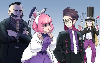 1girl 3boys absurdres alternate_costume ascot avery_(pokemon) black-framed_eyewear black_ascot black_hair black_hat black_jacket black_suit blonde_hair blue_eyes bow bracelet breasts buttons clenched_teeth collared_dress collared_shirt commentary_request corbeau_(pokemon) dress drill_hair drill_sidelocks dynamax_band eyeshadow eyewear_strap facial_hair flipped_hair floating floating_object formal_clothes fur_jacket glasses hair_bow hairband hat hetero highres jacket jewelry klara_(pokemon) long_hair long_sleeves makeup medium_breasts mega_stone mohawk multiple_boys mutton_chops necktie nintendo one_eye_closed open_clothes open_jacket parted_hair philippe_(pokemon) pink_eyeshadow pink_hair pink_lips pococh_oekaki poke_ball poke_ball_(basic) pokemon pokemon_legends:_z-a pokemon_swsh print_shirt purple_dress purple_eyes purple_hair purple_shirt ring round_eyewear shaded_face shirt short_hair short_sideburns sidelocks smile suit suit_jacket teeth telekinesis top_hat undercut white_bow white_hairband white_necktie wide-eyed yellow_eyes