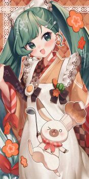 Rule 34 | > o, 1girl, 1other, apron, badge, bell pepper, blush, bow, brown apron, commentary request, food, fork hair ornament, frilled apron, frills, green bell pepper, green hair, hair bow, hair ornament, hatsune miku, highres, holding, holding ladle, holding menu, japanese clothes, kimono, kirisaki shuusei, ladle, long hair, long sleeves, looking at viewer, menu, official alternate costume, official alternate hairstyle, one eye closed, open mouth, orange kimono, rabbit, rabbit yukine, smile, snowflake print, spoon, spoon hair ornament, tail, twintails, upper body, very long hair, vocaloid, wagashi, wide sleeves, yuki miku, yuki miku (2024)