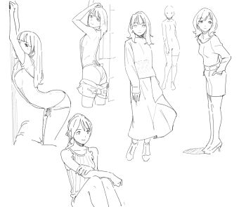 1girl against_wall apron arched_back arm_behind_head ass breasts clothes_pull collage come_hither dress from_behind from_side greyscale hand_on_wall high_heels highres kneeling knees_up large_breasts lineart long_hair looking_at_viewer looking_back modeling monochrome multiple_views naked_apron norakura_(nr_kura) original panties ponytail seductive_gaze seductive_smile short_hair shorts shorts_pull sideboob sitting sketch smile thighhighs underwear