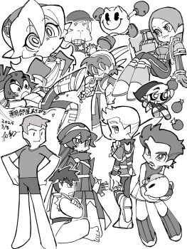 3girls 6+boys absurdres alternate_species arm_cannon bomb boxing_gloves female_corrin_(fire_emblem) crossed_arms dancho_no_mori dark_link diddy_kong donkey_kong_(series) donkey_kong_country dougi dragon_quest dragon_quest_viii explosive fire_emblem fire_emblem_awakening fire_emblem_fates from_behind frown full_body greyscale hands_on_own_hips headband hero_(dq8) highres holding holding_sword holding_weapon jacket kirby kirby_(series) little_mac long_hair looking_at_viewer looking_back lucina_(fire_emblem) mii_brawler mii_brawler_(smash_ultimate) mii_gunner mii_gunner_(smash_ultimate) mii_swordfighter mii_swordfighter_(smash_ultimate) monkey monochrome multiple_boys multiple_girls nintendo open_clothes open_jacket open_mouth over_shoulder pac-man pac-man_(game) panty_&amp;_stocking_with_garterbelt_(style) parody powerpuff_girls_(style) profile punch-out!! ryu_(street_fighter) scabbard sheath short_hair short_shorts short_sleeves shorts sitting slipping smile spiked_hair standing street_fighter stuffed_toy style_parody super_smash_bros. sword tank_top the_legend_of_zelda weapon weapon_over_shoulder wii_fit wii_fit_trainer