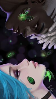 Rule 34 | 1boy, 1girl, absurdres, arcane: league of legends, blue hair, close-up, dark-skinned male, dark skin, ekko (league of legends), eyelashes, hashtag-only commentary, highres, jinx (league of legends), league of legends, lips, long hair, looking at another, panditati, portrait, upper body, white hair