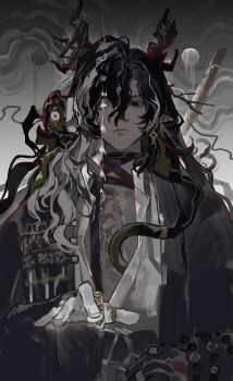 Rule 34 | 1boy, absurdres, arknights, black eyes, black hair, black jacket, chinese commentary, closed mouth, colored extremities, commentary request, dragon boy, dragon horns, earrings, glowing, glowing eye, grey background, hair between eyes, heterochromia, highres, holding, horns, jacket, jewelry, long hair, long sleeves, looking at viewer, male focus, moon phases, multicolored hair, pointy ears, ring, solo, streaked hair, upper body, wang (arknights), wavy hair, white eyes, xianzai shi wujiao shijian