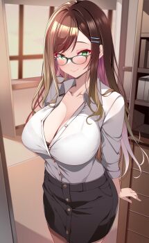 1girl black_bra black_skirt blush bra bra_peek breasts brown_hair cleavage closed_mouth collarbone collared_shirt commentary_request dress_shirt glasses gradient_hair green_eyes hair_ornament hairclip highres indoors large_breasts long_hair long_sleeves looking_at_viewer multicolored_hair office_lady origami_aya original paid_reward_available shirt shirt_tucked_in sidelocks skirt smile solo standing underwear white_hair white_shirt