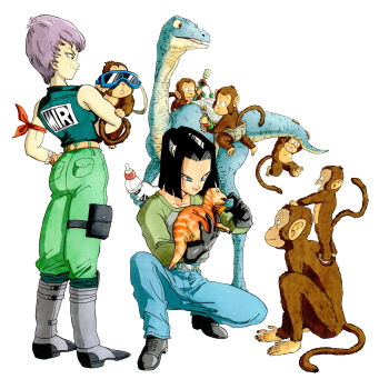 1boy 1girl absurdres android_17 animal baby baby_bottle belt black_gloves black_hair blue_eyes blue_pants boots bottle brown_belt brown_gloves commentary diaper dinosaur dragon_ball dragon_ball_(classic) dragon_ball_super english_commentary facing_another gloves goggles green_pants highres holding holding_animal looking_at_another medium_hair monkey open_mouth pants pixie_cut pouch purple_hair red_eyes red_ribbon_army shirt short_hair silverwoodwork sleeveless sleeveless_shirt squatting tongue tongue_out violet_(dragon_ball) white_background