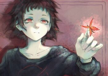 Rule 34 | 1girl, absurdres, al chemist, bags under eyes, brown hair, bug, butterfly, closed mouth, hashtag-only commentary, highres, insect, long sleeves, messy hair, milk-chan (milk series), milk inside a bag of milk inside a bag of milk, no symbol, outline, pale skin, print sweater, red eyes, red outline, short bangs, short hair, solo, sweater, upper body