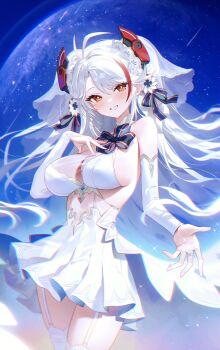 1girl antenna_hair azur_lane bare_shoulders bow bowtie breasts bridal_veil chromatic_aberration commentary cowboy_shot detached_sleeves dress fymrie garter_straps grin hair_bow hand_on_own_chest headgear highres long_hair long_sleeves looking_at_viewer medium_breasts official_alternate_costume pleated_dress prinz_eugen_(azur_lane) prinz_eugen_(symphonic_fate)_(azur_lane) red_eyes see-through_cleavage see-through_clothes sleeveless sleeveless_dress smile solo thighhighs veil white_dress white_hair white_thighhighs zettai_ryouiki