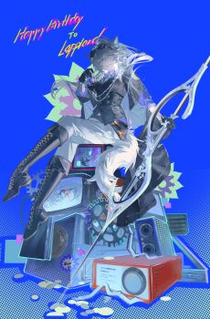 1girl absurdres animal_ears arknights black_boots black_gloves black_jacket blue_background boots buttons character_name commentary_request crt cup double-breasted eyewear_on_head gears gloves grey_hair grin happy_birthday highres holding holding_cup holding_weapon jacket knee_up lace-up_boots lappland_(arknights) lin_qing_(phosphorus_1104) looking_at_viewer pants scar scar_across_eye scar_on_face sitting smile solo sunglasses tail weapon white_pants wolf_ears wolf_girl wolf_tail