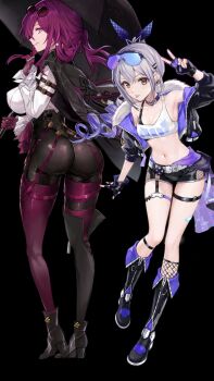 2girls ass asymmetrical_footwear black_background black_boots black_gloves black_shorts boots breasts commentary_request covered_erect_nipples crop_top drill_hair earrings fingerless_gloves full_body fur-trimmed_jacket fur_trim glasses gloves goggles goggles_on_head gradient_hair grey_hair high-waist_shorts highres honkai:_star_rail honkai_(series) huge_ass jacket jacket_on_shoulders jewelry kafka_(honkai:_star_rail) large_breasts long_hair looking_at_viewer micro_shorts midriff multicolored_hair multiple_girls navel open_clothes open_jacket pantyhose pince-nez purple_gloves purple_hair purple_pantyhose saint_laurent_paris shirt shorts silver_wolf_(honkai:_star_rail) simple_background single_strap small_breasts sunglasses thigh_boots tongue tongue_out two-tone_hair v white_shirt