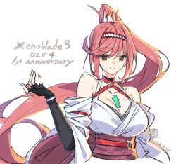 Rule 34 | 1girl, bare shoulders, breasts, chest jewel, cleavage, core crystal (xenoblade), criss-cross halter, cropped torso, detached sleeves, fingerless gloves, glimmer (xenoblade), gloves, halterneck, high ponytail, japanese clothes, kimono, large breasts, long hair, looking at viewer, obi, ponytail, red hair, saitou masatsugu, sash, smile, solo, swept bangs, upper body, white kimono, xenoblade chronicles (series), xenoblade chronicles 3, xenoblade chronicles 3: future redeemed