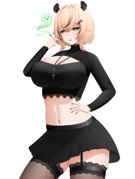 1girl absurdres animal_ears black_garter_straps black_hair black_nails black_skirt black_thighhighs blonde_hair breasts cigarette cleavage_cutout clothing_cutout commentary cross cross_necklace drey525 english_commentary garter_straps goth_fashion gradient_hair green_eyes hair_ornament hairclip hand_on_own_hip highres holding holding_cigarette indie_virtual_youtuber jewelry large_breasts miniskirt multicolored_hair naplings_(nimi_nightmare) navel navel_piercing necklace nimi_nightmare parallel_hairclips piercing short_hair skindentation skirt solo tapir_ears tapir_girl thighhighs underwear virtual_youtuber white_background